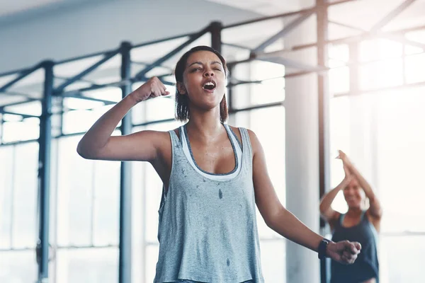 Courage Decision Young Woman Celebrating Victory Gym — Foto de Stock