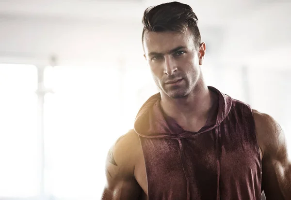 Arms Made Gym Portrait Handsome Young Man Gym — Foto Stock