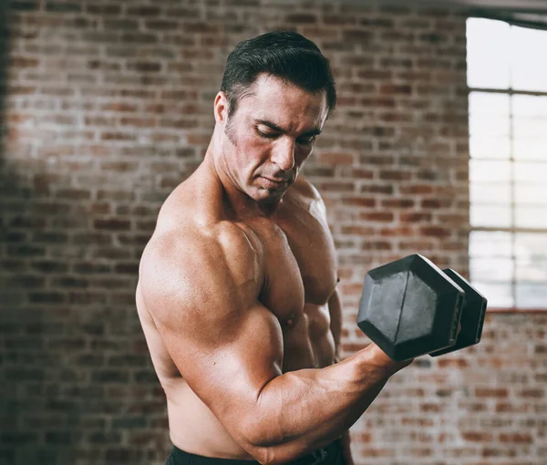 Let Gains Begin Young Man Working Out Dumbbells Gym — Stock Fotó