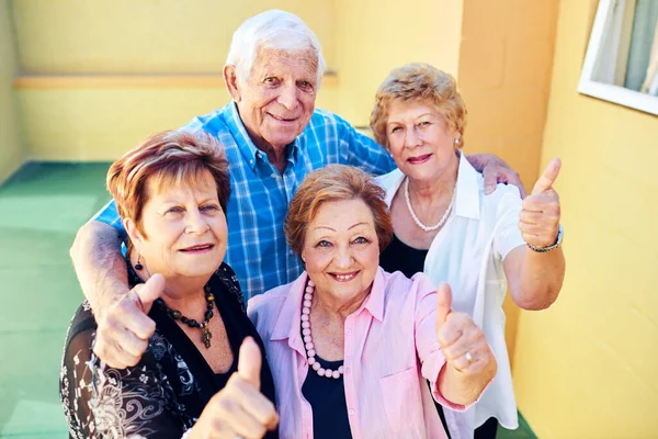 Heres Many More Adventures Group Cheerful Elderly People Smiling Posing —  Fotos de Stock