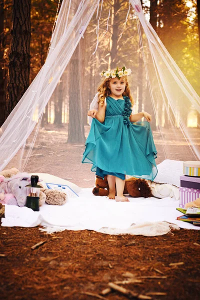 Most Favorite Dress Happy Little Girl Looking Camera Holding Her — Foto de Stock