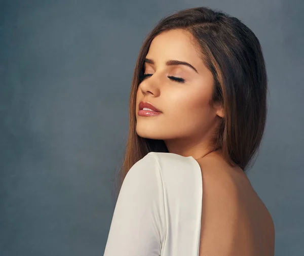 Her Beauty Fantasy Studio Shot Attractive Young Woman Posing Grey — Stok fotoğraf