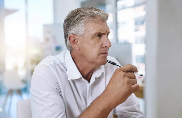 Have Work Mature Businessman Working His Computer While Sitting Office — ストック写真