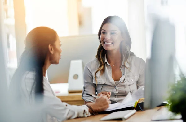 See Wasnt Bad Two Young Businesswomen Talking Each Other While — Stok Foto