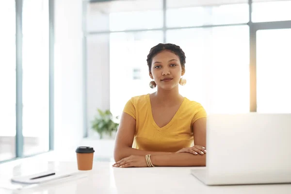Space Productivity Portrait Confident Young Businesswoman Working Her Desk Modern — Stok Foto