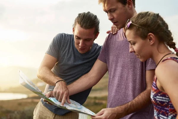 Blazing Brave New Trails Together Three Young Hikers Consulting Map — Foto Stock