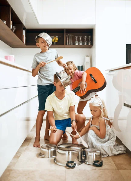 Time Some Band Practice Portrait Little Siblings Playing Music Guitar — Stock Photo, Image