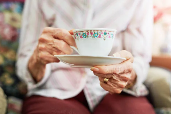 Its Afternoon Afternoon Tea Senior Woman Having Cup Tea — Zdjęcie stockowe