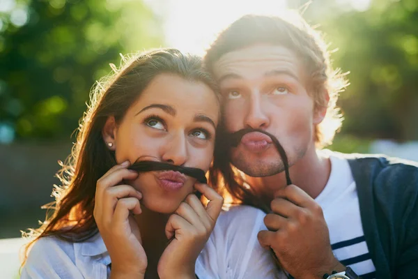 Were Totally Rocking Staches Young Couple Enjoying Silly Moment Together — Stockfoto