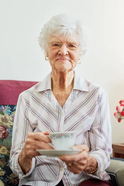Anyone Care Join Some Tea Portrait Senior Woman Having Cup —  Fotos de Stock