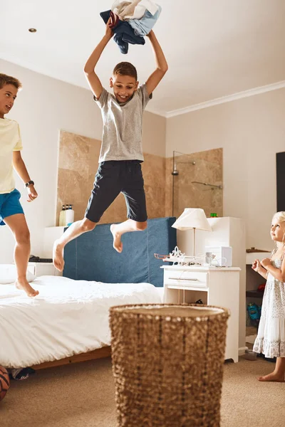 Hes Going Big Slam Dunk Little Boy Throwing Laundry Basket — Stok fotoğraf