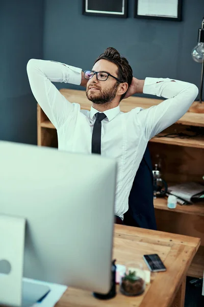 Success Rise Him Young Businessman Taking Break His Office Desk — Zdjęcie stockowe