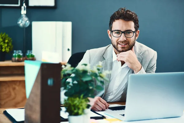 Making Productive Day Portrait Young Businessman Working Laptop Office — Stock Photo, Image