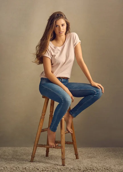 You Have What Takes Studio Shot Beautiful Young Woman Sitting — Photo