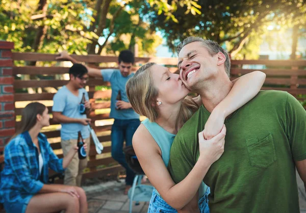 Party Full People Youre Favourite Affectionate Young Couple Hanging Out — Stockfoto