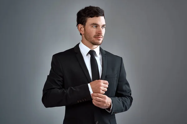 Dress Purpose Studio Shot Handsome Young Businessman Dressed Suit Grey — Foto Stock