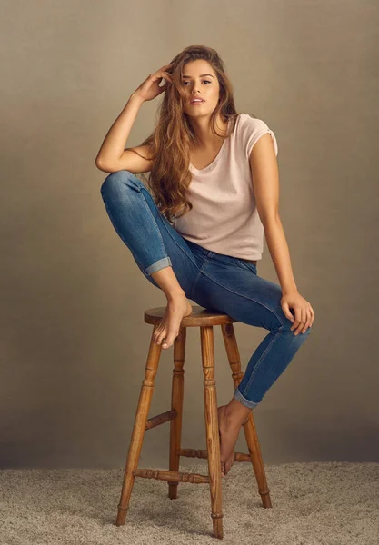 Darling Youre Different Studio Shot Beautiful Young Woman Sitting Stool — 스톡 사진