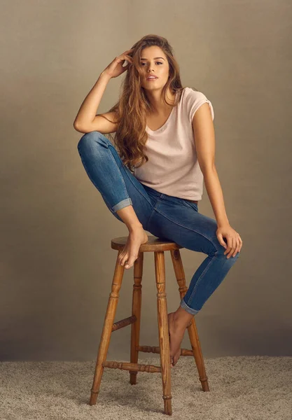 Darling Youre Different Studio Shot Beautiful Young Woman Sitting Stool —  Fotos de Stock