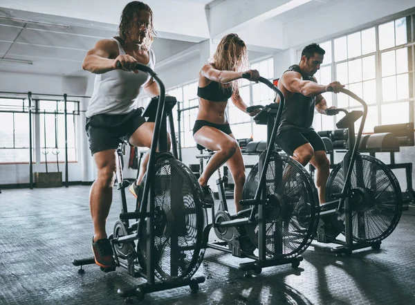 Time to activated beast mode. three people working out on elliptical machines