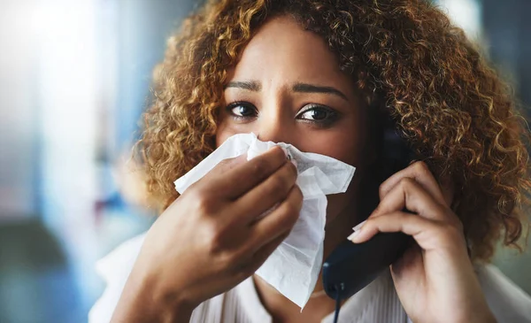 Someone Call Doctor Frustrated Businesswoman Blowing Her Nose Answering Phone — Stock Fotó