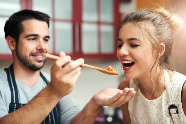 Love Being His Taste Tester Kitchen Handsome Young Man Feeding — Fotografia de Stock