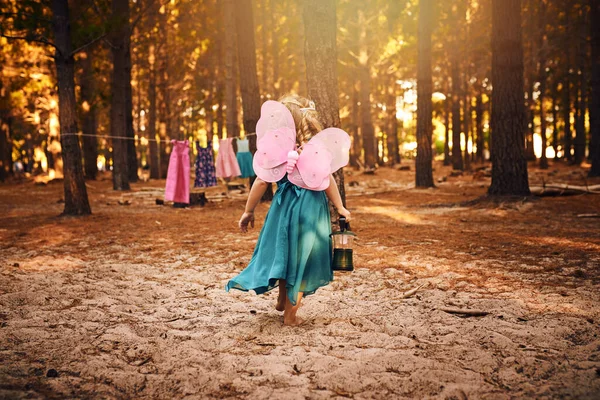 Life Fairy Unrecognizable Little Girl Holding Lamp While Running Woods — Stockfoto