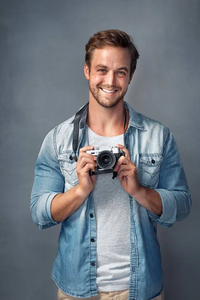 Capturing Life Lens Portrait Happy Young Man Holding Camera While — Stock Fotó