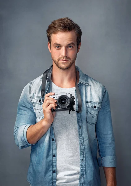 Dont Miss Moment Portrait Happy Young Man Holding Camera While — Photo