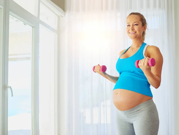 Health First Priority Pregnancy Pregnant Woman Working Out Weights Home — Photo
