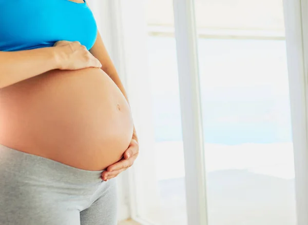 You Were Born Pregnant Woman Holding Her Bare Belly Home —  Fotos de Stock