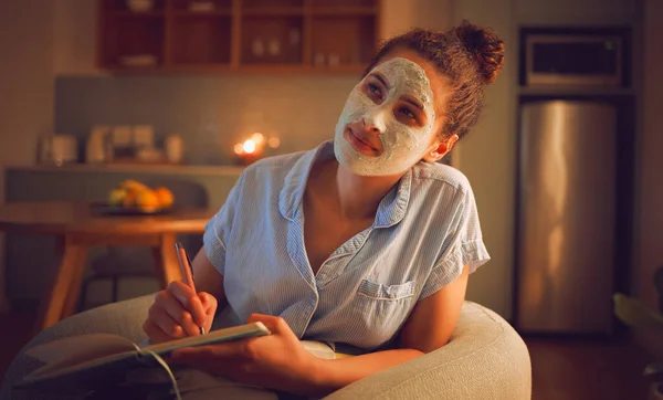 Thinking Woman Writing Ideas Book Doing Beauty Face Mask Skincare — Stok Foto