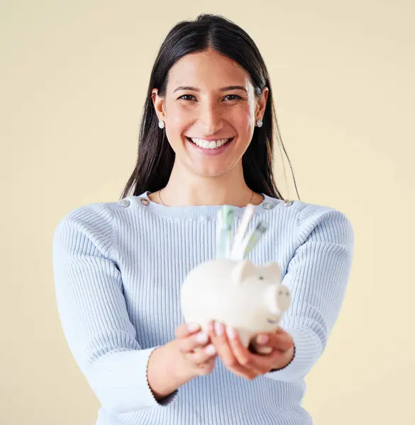 Woman Excited Financial Investment Savings Planning Future Investment Holding Piggybank — Fotografia de Stock