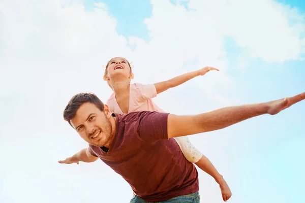 Ready Liftoff Portrait Happy Little Girl Her Father Playing Together — Stock Fotó