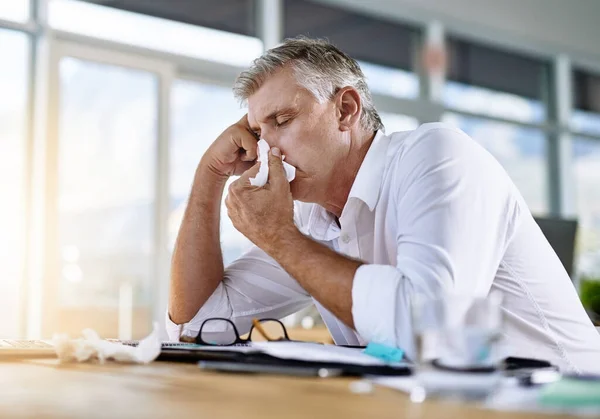 Could Fall Asleep Right Here Mature Businessman Blowing His Nose — Foto Stock