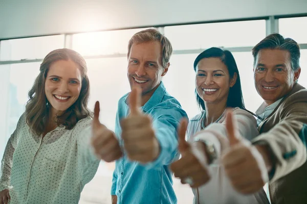 Motivated Fired Motivated Group Businesspeople Showing Thumbs Smiling While Looking — Stock fotografie