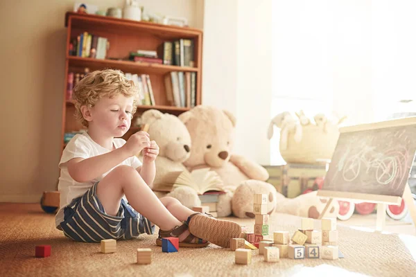 All Fun Adorable Little Boy Playing Wooden Blocks Home — ストック写真