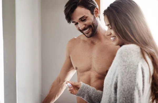 Its Finally Happening Happy Young Couple Taking Pregnancy Test Home — Foto Stock