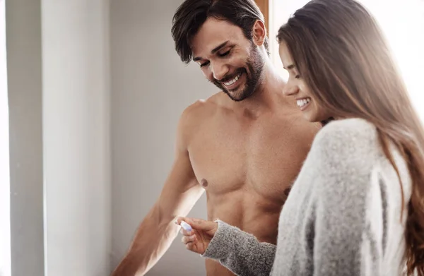 Its Finally Happening Happy Young Couple Taking Pregnancy Test Home — Fotografia de Stock