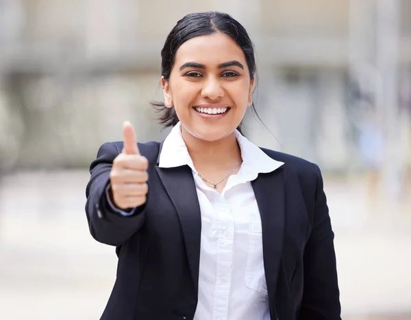 Thumbs up, success and business intern feeling happy, proud and excited about job opportunity or goal. Portrait of entrepreneur feeling like winner, saying thank you and sharing motivation outside.