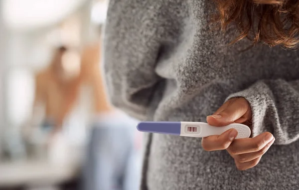 Could Change Everything Unrecognizable Woman Hiding Pregnancy Test Her Back — Foto de Stock