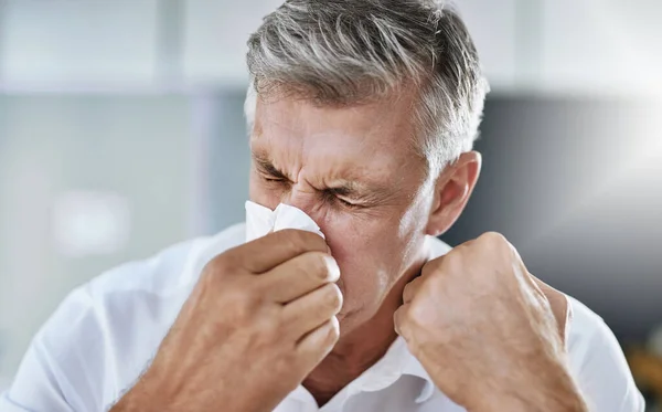 Allergies Fun Mature Businessman Blowing His Nose Office — Stock Photo, Image