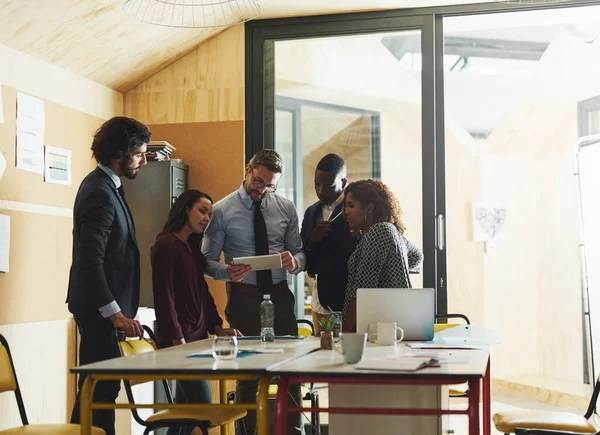 Working Together Make Possible Group Coworkers Having Meeting Office Discuss — Stockfoto