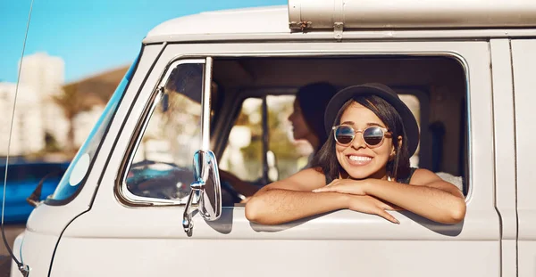 Those Long Lazy Summer Drives Happy Young Woman Going Road — Fotografia de Stock