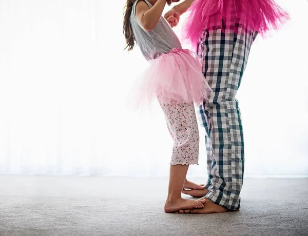 Follow Lead Unrecognizable Father His Daughter Dancing Home — ストック写真