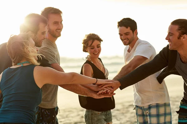 Keep Themselves Surrounded Positivity Group Happy Young Friends Putting Hands — Stock Photo, Image