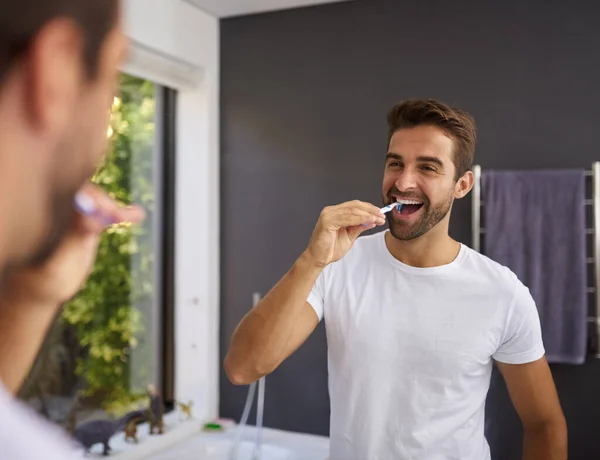 Nice Fresh Day Handsome Man Looking Mirror Brushing His Teeth — Stock fotografie