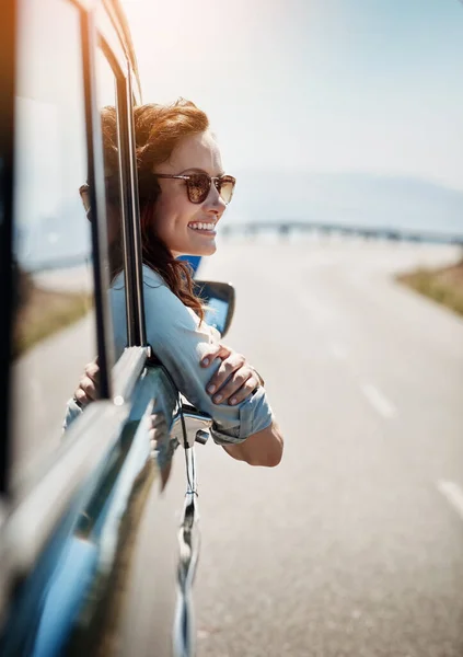 Love Feel Breeze Face Attractive Woman Hanging Out Car Window — Stockfoto