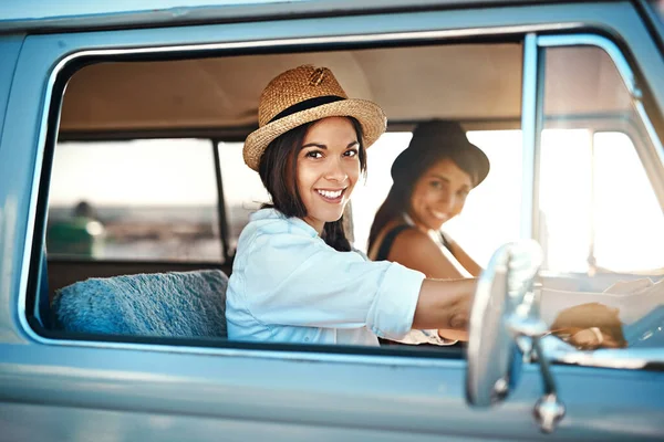 Lets Ride Two Happy Young Friends Going Road Trip — Stockfoto