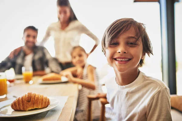 Breakfast Time Best Portrait Little Boy Having Breakfast His Family — Photo