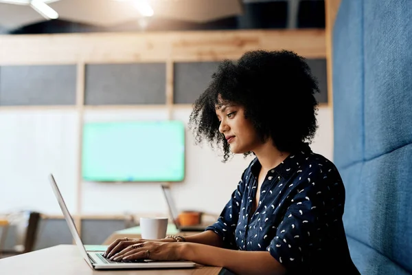 Getting Zone Young Focussed Female Designer Working Her Laptop Office — Foto Stock